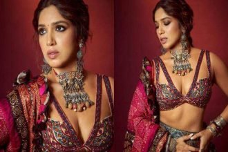 भूमि पेडनेकर एक हरे रंग के एथनिक आउटफिट में अपने प्रशंसकों को दीवाना बना रही हैं, जिसे उन्होंने सोने के नेकलेस सेट के साथ पेयर किया है। साथ ही उनका ग्लैमरस मेकअप भी लोगों का ध्यान खींच रहा है, जो उनके लुक के साथ काफी मेल खा