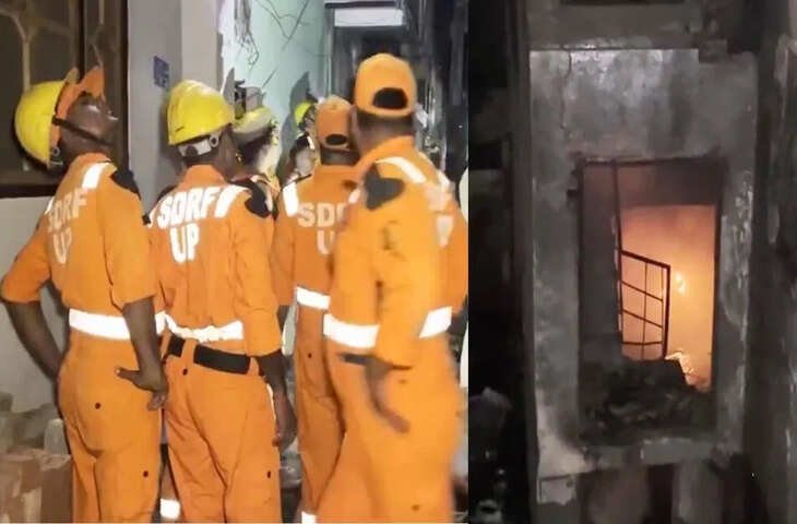 लखनऊ के अलीगंज में 3 मंजिला बिल्डिंग में लगी भीषण आग, छत का एक हिस्सा गिरा, 5 फायरमैन घायल